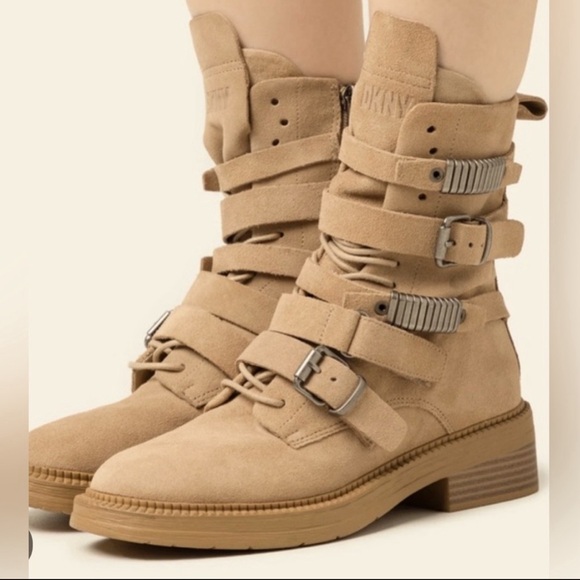 DKNY ITA SUEDE STRIPY BOOTS ROUND TOE WOMEN PLATFORM PADDED BEIGE COLOR SZ 6.5 - Picture 2 of 6